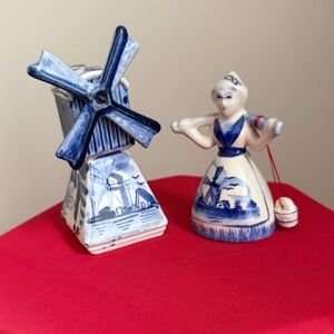 Blue and White Ceramic Windmill and Figurine Set X2